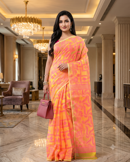 Yellow & Pink Woven Design Jamdani Saree with Solid Border