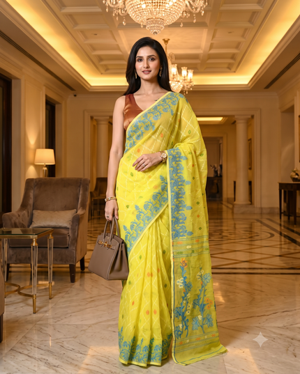 dB DESH BIDESH Women's Jamdani Sarees For Women for Party Festival Wear Kusumlata Design Soft Cotton Linen saree for woman Without Blouse piece (Yellow Blue)