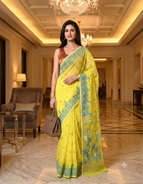 dB DESH BIDESH Women's Jamdani Sarees For Women for Party Festival Wear Kusumlata Design Soft Cotton Linen saree for woman Without Blouse piece (Yellow Blue)