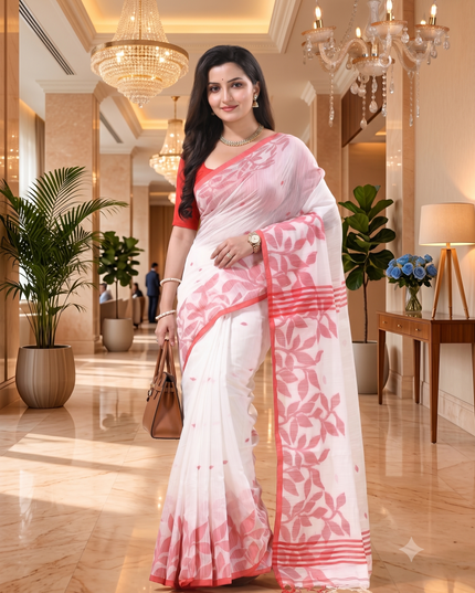dB DESH BIDESH Women`s Cotton Linen Saree with Unstitched Blouse Piece and Floral Printed Pattern | Women Saree for Special Occasion | Stylish Fancy Cotton Silk Sarees (White Saree)