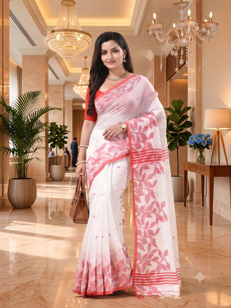 dB DESH BIDESH Women`s Cotton Linen Saree with Unstitched Blouse Piece and Floral Printed Pattern | Women Saree for Special Occasion | Stylish Fancy Cotton Silk Sarees (White Saree)