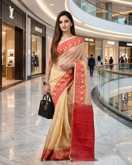 Exquisite Cream & Red Woven Jamdani Pure Cotton Saree for Women with Rich Motifs