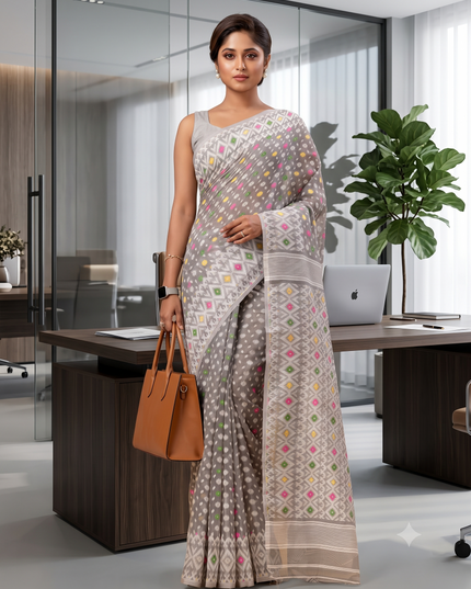 Hirokduti Resham Dhakai jamdani Bengal Pure Cotton Handloom Saree Whole Body Design without Blouse Piece