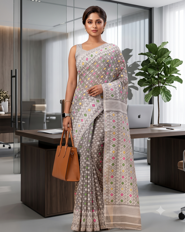 Hirokduti Resham Dhakai jamdani Bengal Pure Cotton Handloom Saree Whole Body Design without Blouse Piece