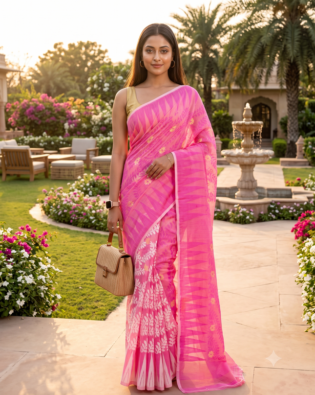 Traditional Tamarind Leaf Resham Dhakai Jamdani Pure Cotton Handloom Saree without Blouse Piece