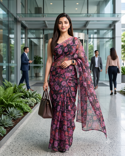 Women`s Printed Organza Saree Semi-Transparent Party, Wear weddings sarees latest, Trending Design Fancy banarasi organza silk saree for Farewell Black Red Pink Sarees for Women