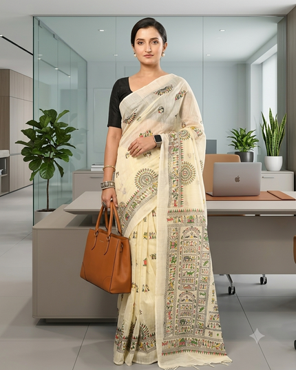 dB DESH BIDESH Women`s Cotton Saree for Woman | Saree for Woman Cotton Blend Tribal Mandala Printed Traditional Sari for Farewell Office Daily Wear with Blouse Piece (Off White)