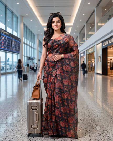 Women`s Printed Organza Saree Semi-Transparent Party, Wear organza weddings sarees latest, Trending Design Fancy banarasi organza silk saree for Farewell Red Black Sarees for Women