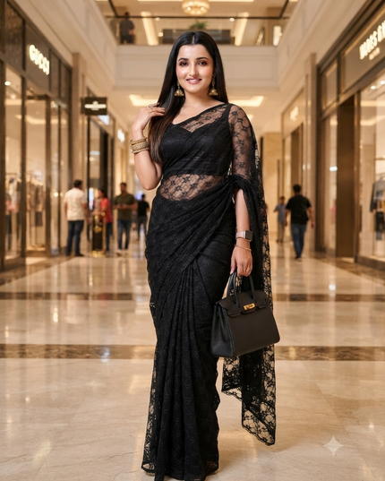 Women’s Net Sequin Embroidered saree Soft Net saree party, wear Chiffon wedding Silk georgette latest, Net sarees Heavy design Function Festive farewell saree for women (Black)