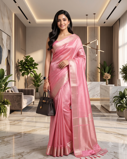 Women`s Tissue silk sarees for women latest, design organza New sari Swarnika zari Design golden Kora tissue banarasi saree for wedding party, wear sarees for Women (Pink)