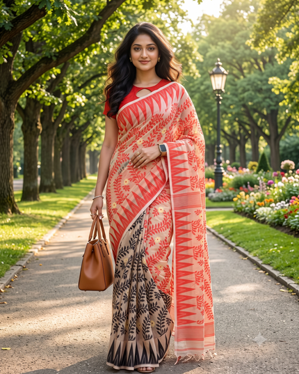Tamarind Leaf Resham Dhakai Jamdani Bengal Pure Cotton Handloom Saree Whole Body Design without Blouse Piece