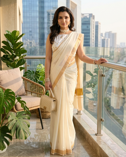 Tant Handloom Cotton White & Golden Saree