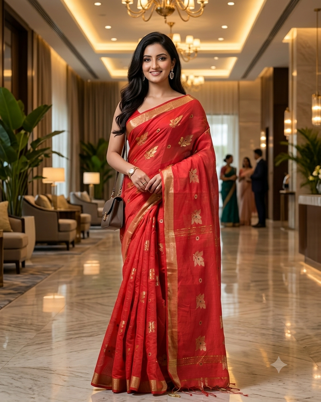Cotton Silk Party Wear Saree Trendy Design Gulnaz Cotton Saree (Red)