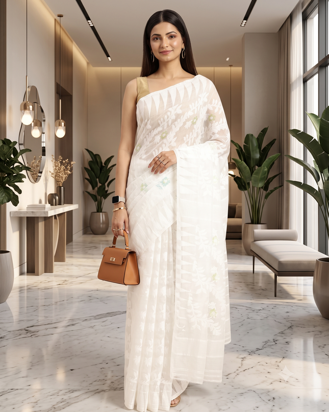 White Woven Design Pure Cotton Jamdani Saree