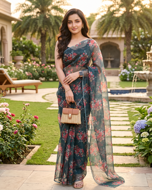 Women`s Printed Organza Saree Semi-Transparent Party, Wear organza weddings saree for women latest, Trending Design Fancy banarasi organza silk saree for Farewell Green Sarees for Women