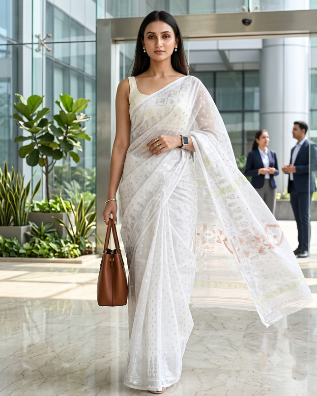 dB DESH BIDESH Women's Soft Cotton Silk Jamdani Sarees For Women for Party Festival Wedding Silk Saree GlamQueen Gold Work Design Without Blouse piece (White Saree)