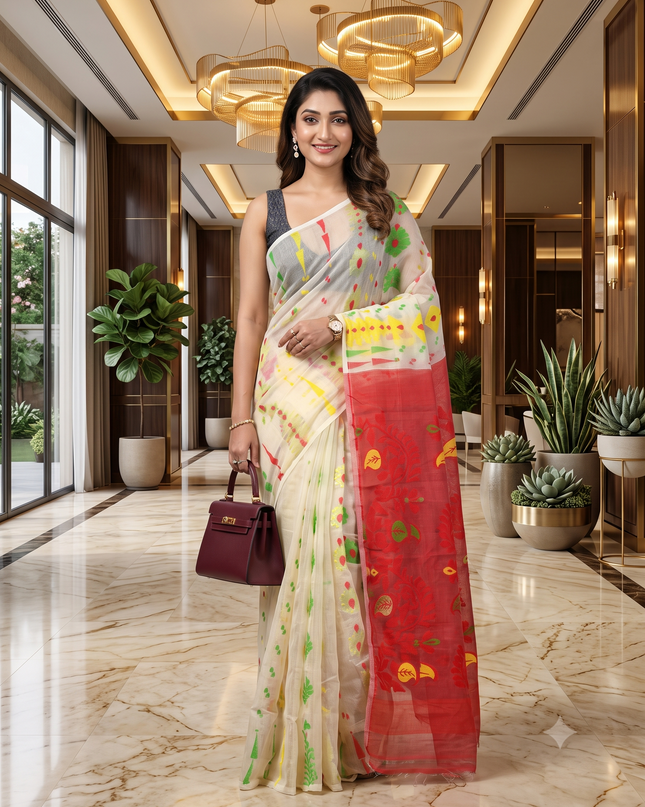 Exquisite Paisley Woven Jamdani Saree for Women: Pure Cotton Handloom Elegance