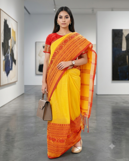 Kids Handloom Cotton Saree Yellow and Red kid saree