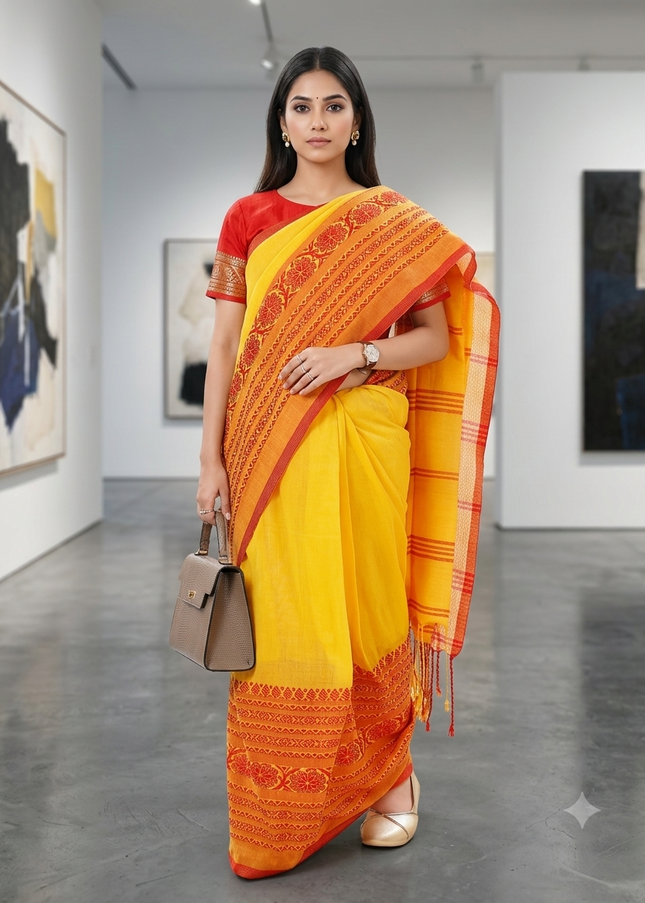 Kids Handloom Cotton Saree Yellow and Red kid saree
