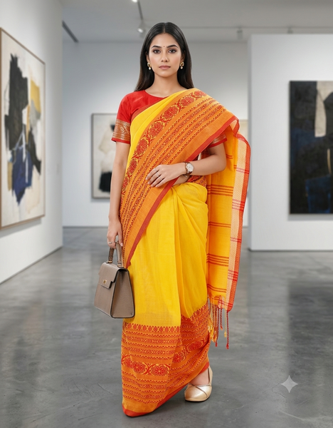 Kids Handloom Cotton Saree Yellow and Red kid saree