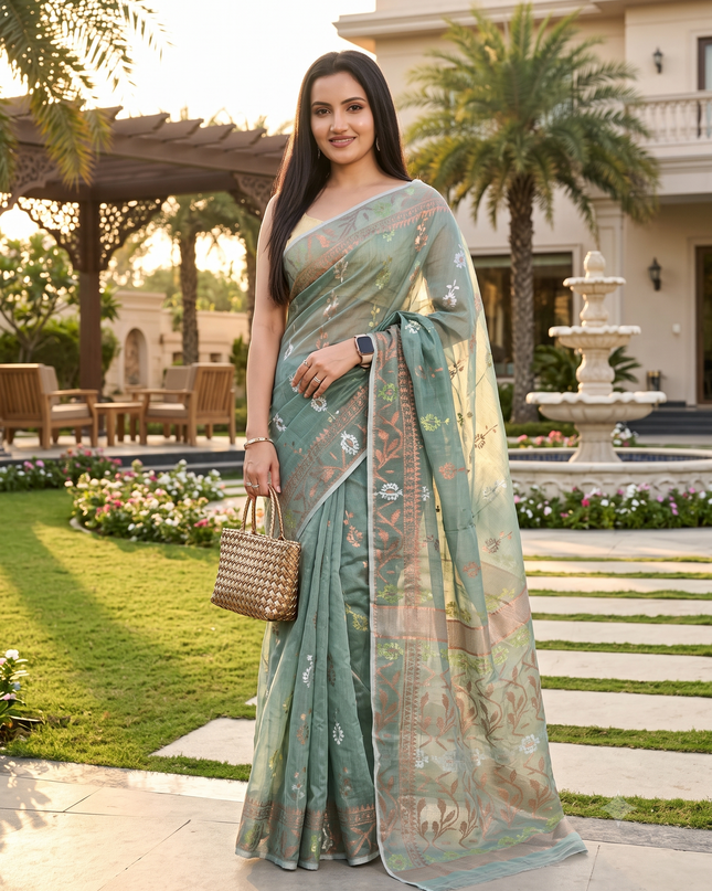dB DESH BIDESH Women's Soft Cotton Silk Jamdani Sarees For Women for Party, Wear Linen Silk Saree Zarikatha Design Cotton saree for woman Without Blouse piece (Dark Firoza)