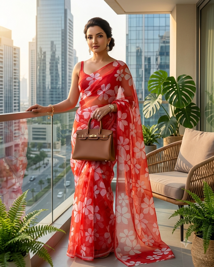 Women`s Printed Organza Saree Semi-Transparent Party, Wear weddings latest, Trending Floral Design sarees Fancy banarasi organza silk saree for Farewell Light Pink Sarees for Women