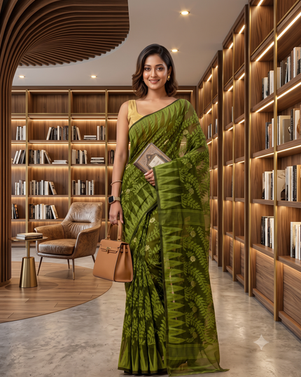 Tamarind Leaf Resham Dhakai Jamdani Pure Cotton Handloom Saree Design without Blouse Piece