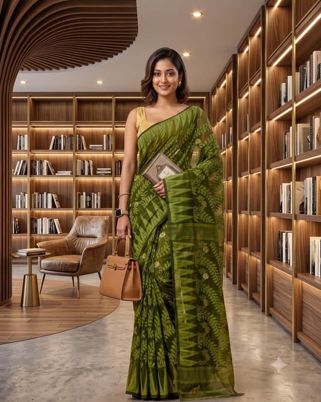 Tamarind Leaf Resham Dhakai Jamdani Pure Cotton Handloom Saree Design without Blouse Piece