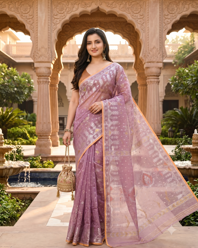 dB DESH BIDESH Women's Soft Cotton Silk Jamdani Sarees For Women for Party Festival Wedding Silk Saree GlamQueen Gold Work Design Without Blouse piece (Blush Pink)