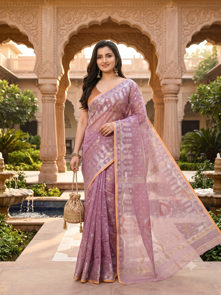 dB DESH BIDESH Women's Soft Cotton Silk Jamdani Sarees For Women for Party Festival Wedding Silk Saree GlamQueen Gold Work Design Without Blouse piece (Blush Pink)