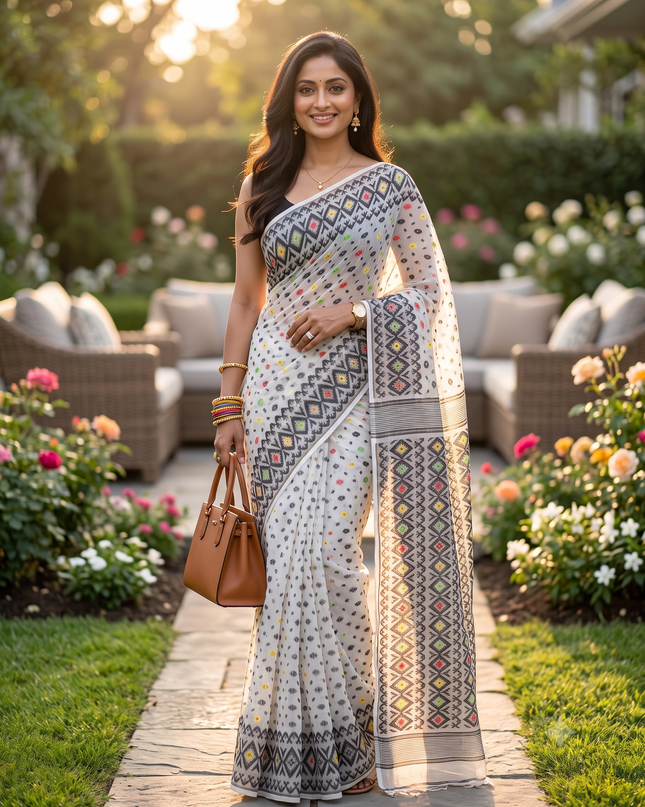 Hirokduti Resham Dhakai jamdani Bengal Pure Cotton Handloom Saree without Blouse Piece