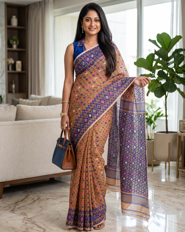 Hirokduti Resham Dhakai jamdani Bengal Pure Cotton Handloom Saree Whole Body Design without Blouse Piece