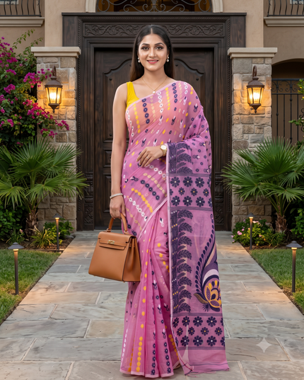 Pink Woven Design Pure Cotton Handloom Jamdani Saree