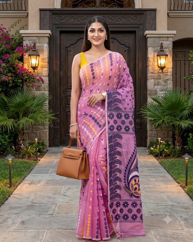 Pink Woven Design Pure Cotton Handloom Jamdani Saree