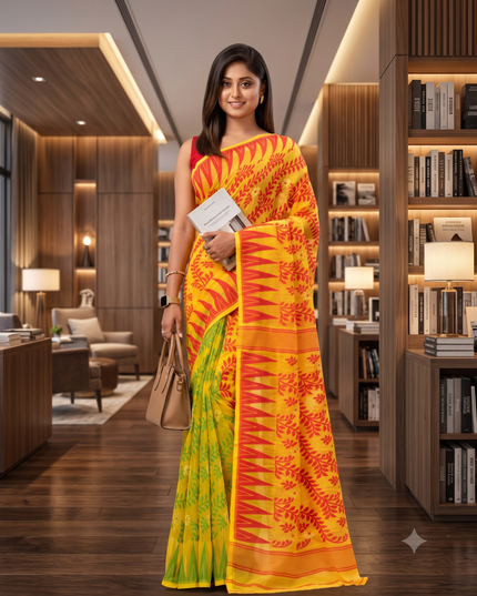 Tamarind Leaf Resham Dhakai Jamdani Pure Cotton Handloom Saree Whole Body Design without Blouse Piece