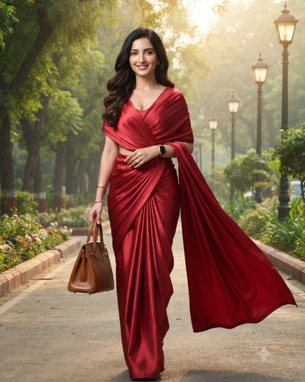Women`s Soft Satin Silk Plain Saree for wedding, party, wear saree for women latest, design saree Satin Pure silk Crepe farewell party, wear dress Collection Plain sarees (Maroon Red)