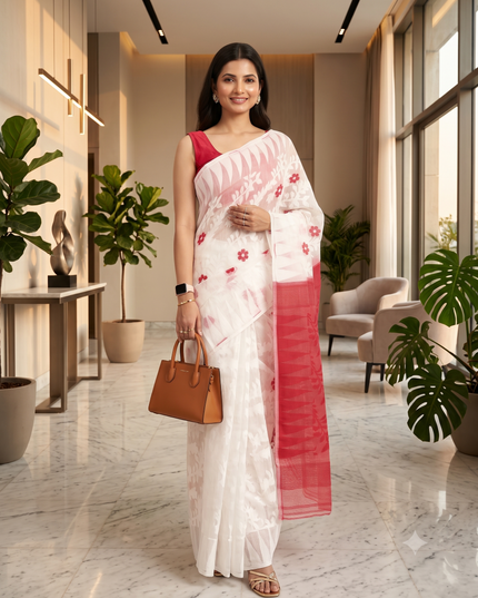 White & Red Floral Pure Cotton Jamdani Saree