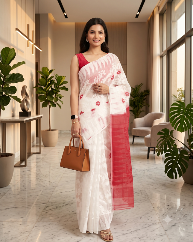 White & Red Floral Pure Cotton Jamdani Saree