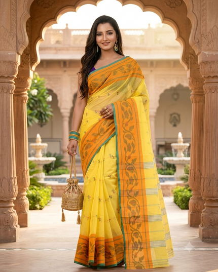 Women Tant cotton saree for woman party, wear handloom sarees for women cotton georgette chettinad cotton silk sarees for women latest, Vasantika design (Yellow)