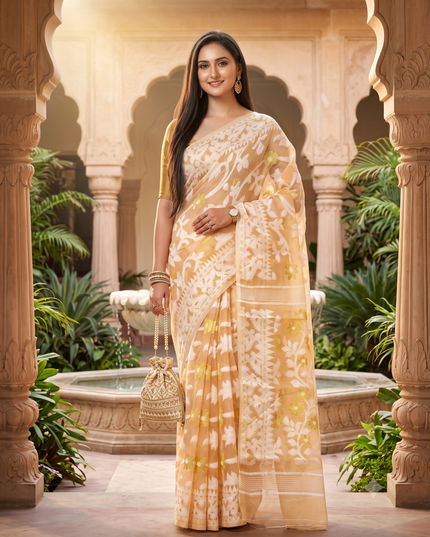 Women's Off-White Pure Cotton Jamdani Saree with Floral Woven Design