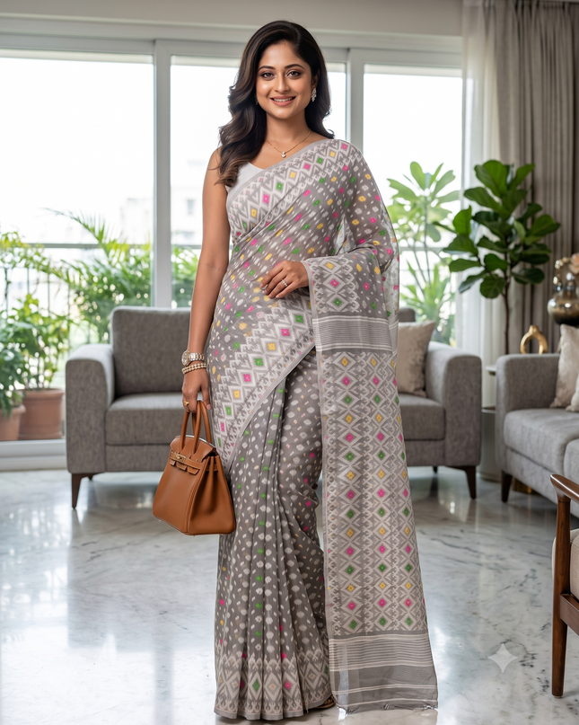 Hirokduti Resham Dhakai jamdani Bengal Pure Cotton Handloom Saree Whole Body Design without Blouse Piece