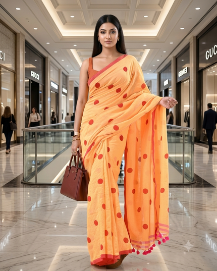 Women cotton handloom mulmul cotton sarees mul cotton sarees for women latest, Nazakat design batik print bandhani malmal linen office daily, party, wear sarees for women (Yellow Red)