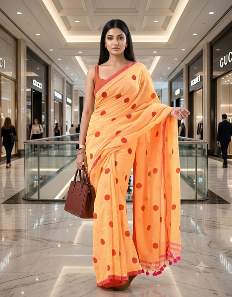 Women cotton handloom mulmul cotton sarees mul cotton sarees for women latest, Nazakat design batik print bandhani malmal linen office daily, party, wear sarees for women (Yellow Red)