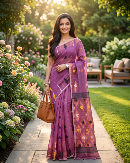 Purple Cotton Blend Jamdani Saree with Woven Floral Design