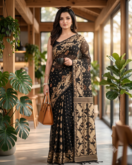Women's Cotton silk handloom cotton jamdani sarees for women golden party, wear saree latest, Ragini design new, collection tant cotton linen dhakai muslin sarees for women (Black Golden)