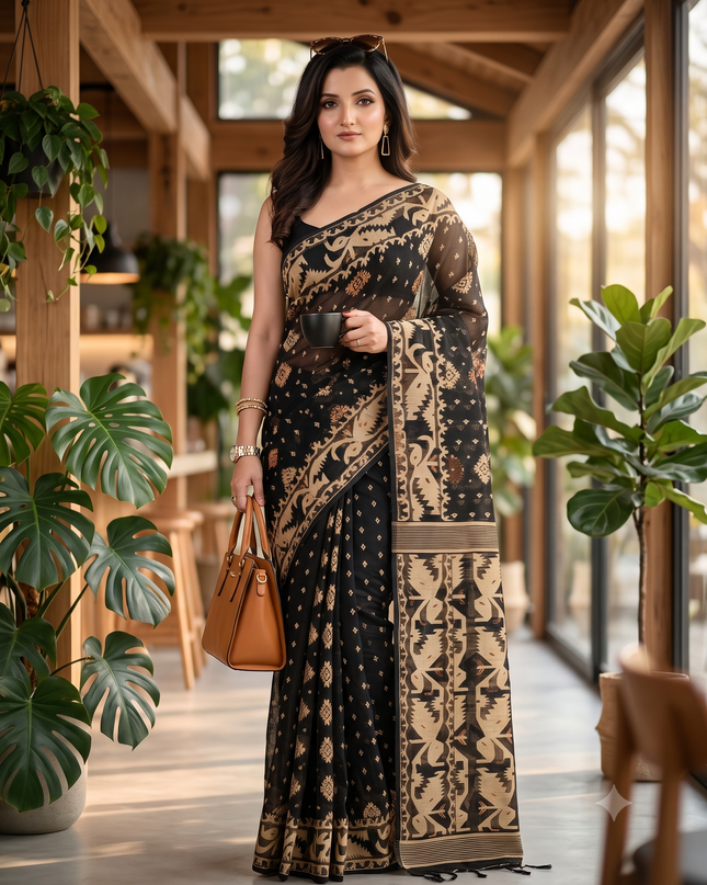 Women's Cotton silk handloom cotton jamdani sarees for women golden party, wear saree latest, Ragini design new, collection tant cotton linen dhakai muslin sarees for women (Black Golden)