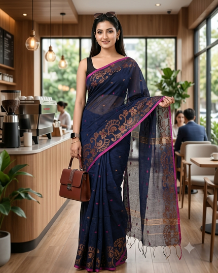 Women cotton silk tant handloom saree mysore party, wear sarees latest, design wedding, banarasi design georgette saree soft silk cotton MidNight Zari sarees for women (Dark Blue)