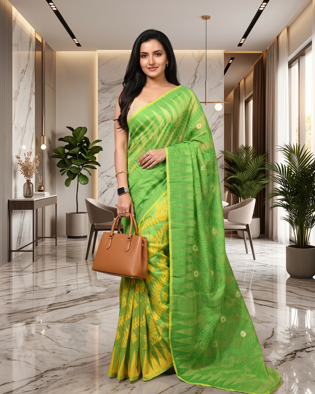 dB DESH BIDESH Women's Traditional Bengal Soft Cotton Silk Jamdani Sarees For Women Tentullata Design Cotton saree for woman Without Blouse piece | Ethnic Wear Sari (Green Yellow)