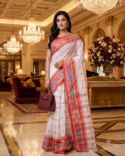 Exquisite White & Red Woven Pure Cotton Tant Saree with Intricate Border