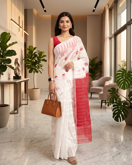 White & Red Floral Pure Cotton Jamdani Saree